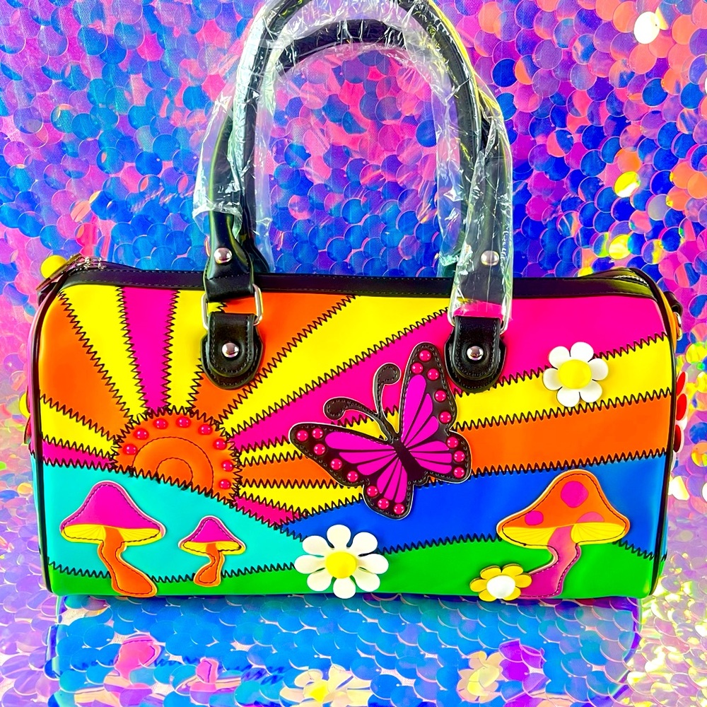 Trippy Hippie Sunny Rainbow Mushroom Mini Weekender Bag